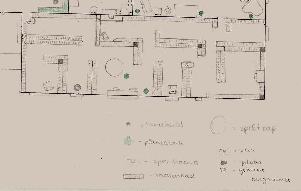 Uitsnede uit een getekende plattegrond, voorstellende de Nachtbibliotheek. Hierop is schematisch ingetekend: boekenkasten, tafels en stoelen, pilaren, een spiltrap, een open haard, plantenbakken, een klok, een standbeeld en een geheime bergruimte.